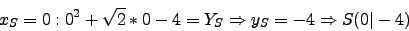 \begin{displaymath}x_S=0: 0^2+\sqrt{2}*0-4=Y_S \Rightarrow y_S=-4 \Rightarrow S(0\vert-4)\end{displaymath}