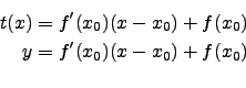 \begin{eqnarray*}
t(x)=f'(x_0)(x-x_0)+f(x_0)\\
y=f'(x_0)(x-x_0)+f(x_0)\\
\end{eqnarray*}