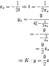 \begin{eqnarray*}
x_s=-\frac{1}{2t} \Rightarrow t=-\frac{1}{2x_s}\\
y_s=-\frac{...
...frac{2}{x_s}}\\
=\frac{9}{2}x_s\\
\Rightarrow K:y=\frac{9}{2}x
\end{eqnarray*}