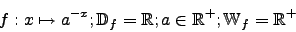 \begin{displaymath}f:x \mapsto a^{-x}; \mathbb{D}_{f}=\mathbb{R}; a \in \mathbb{R}^{+}; \mathbb{W}_{f}=\mathbb{R}^{+}\end{displaymath}