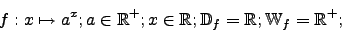 \begin{displaymath}f:x \mapsto a^{x}; a \in \mathbb{R}^{+}; x \in \mathbb{R}; \mathbb{D}_{f}=\mathbb{R}; \mathbb{W}_{f}=\mathbb{R}^{+};\end{displaymath}