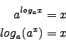 \begin{eqnarray*}
a^{log_a x}=x\\
log_a(a^x)=x
\end{eqnarray*}