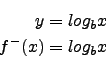 \begin{eqnarray*}
y=log_b x\\
f^-(x)=log_b x
\end{eqnarray*}