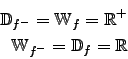 \begin{eqnarray*}
\mathbb{D}_{f^-}=\mathbb{W}_f=\mathbb{R}^+\\
\mathbb{W}_{f^-}=\mathbb{D}_f=\mathbb{R}\end{eqnarray*}