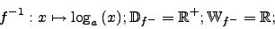 \begin{displaymath}f^{-1}:x \mapsto \log_{a}{(x)}; \mathbb{D}_{f^{-}}=\mathbb{R}^{+}; \mathbb{W}_{f^{-}}=\mathbb{R};\end{displaymath}