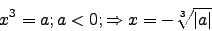 \begin{displaymath}x^3=a; a<0; \Rightarrow x=-\sqrt[3]{\vert a\vert}\end{displaymath}